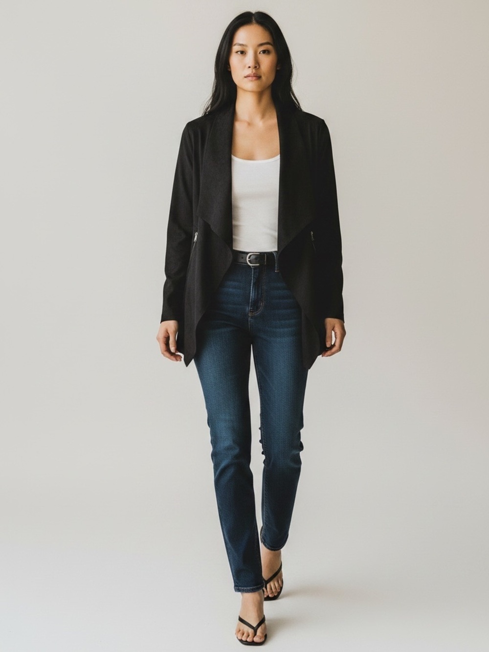 Zara Black Faux Suede Draped Waterfall Blazer Moto Jacket Open Front Size XS
